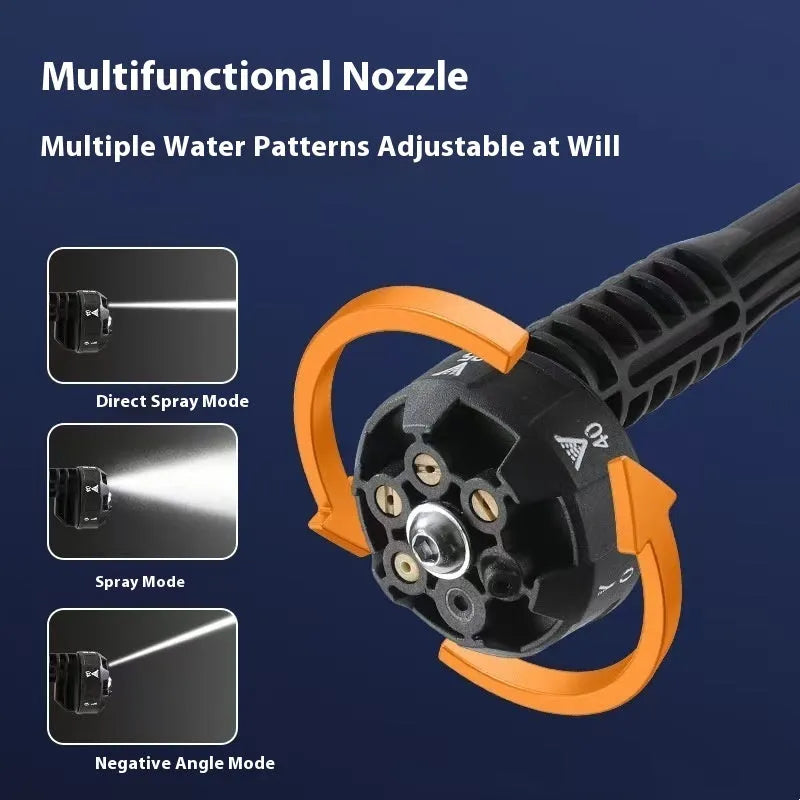 Wireless high-pressure water gun with six nozzle settings in green colour showing included accessories