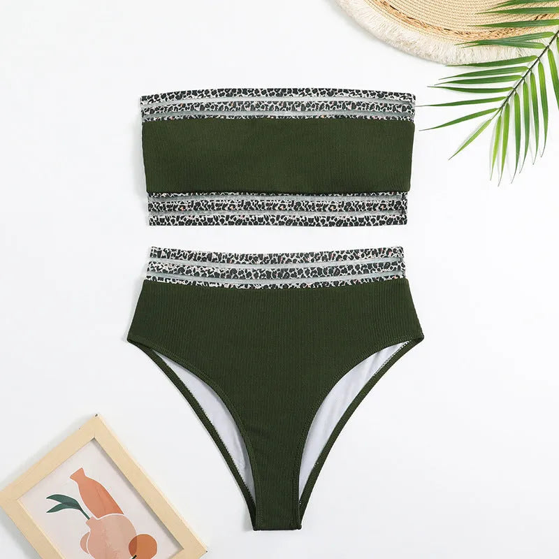Black strapless bikini set with leopard print detail, showing separate bra and shorts.