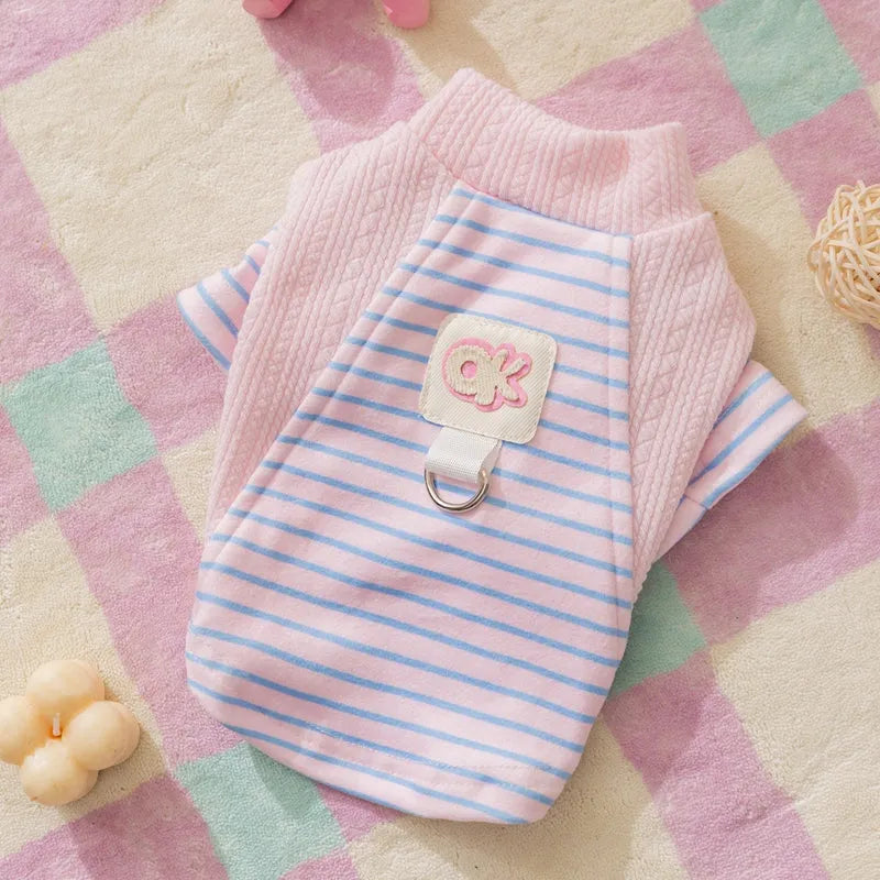 Cute striped knitted dog shirt with metal belt loop, pink and blue stripes style