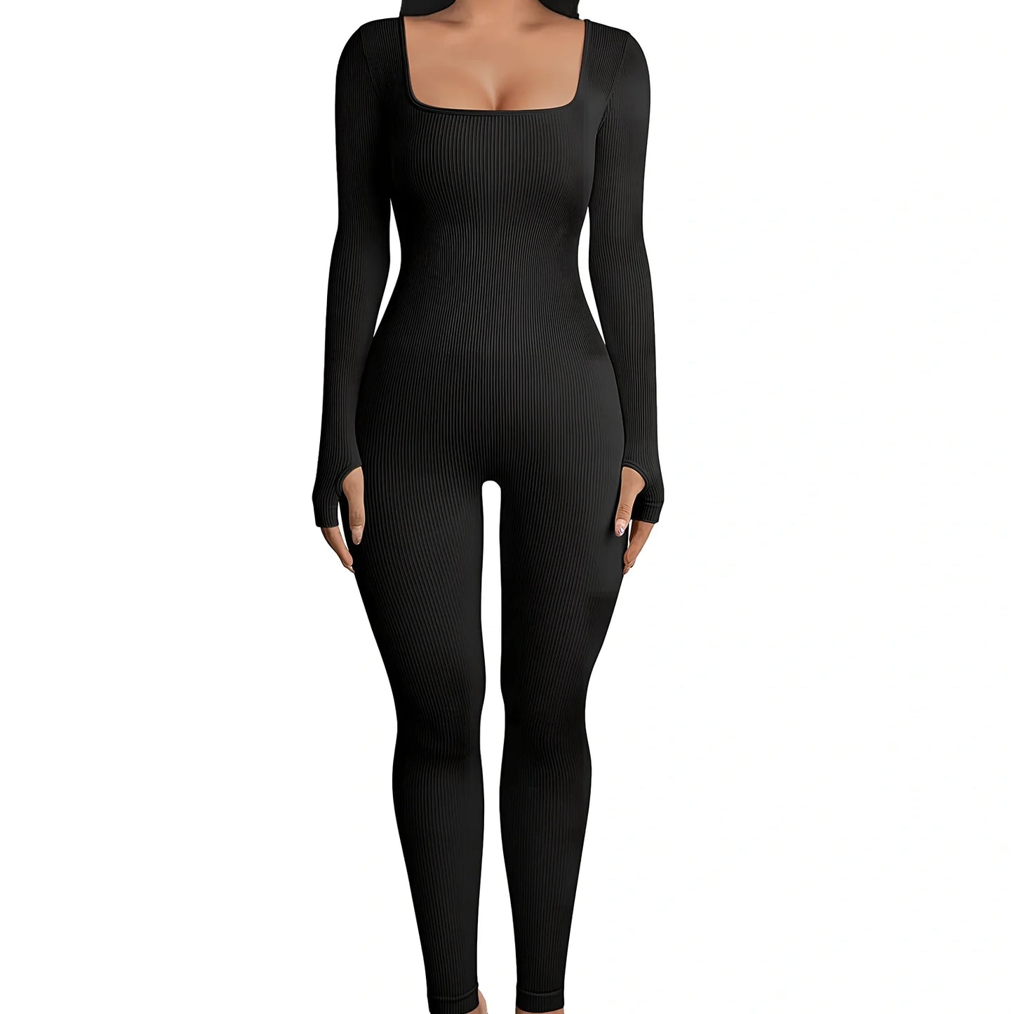 Black threaded square collar jumpsuit with slimming buttocks panel, cotton fabric, sizes S-3XL, 140cm length