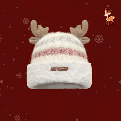 Christmas knitted beanie with deer antlers in multiple colours for winter warmth