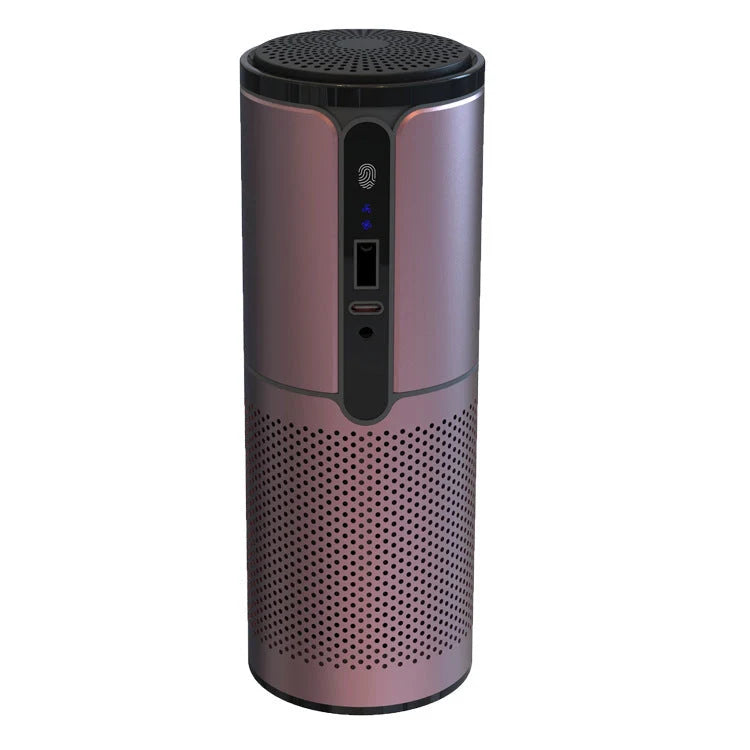 Compact car air purifier in black, reducing allergens with HEPA technology