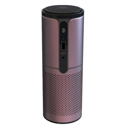 Compact car air purifier in black, reducing allergens with HEPA technology