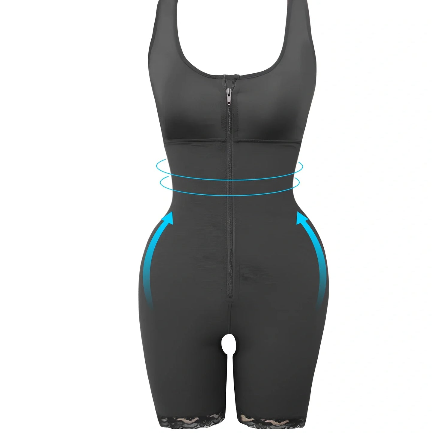 Women's black polyester zipper slimming bodysuit shapewear, high-waist design for torso compression, sizes S-6XL
