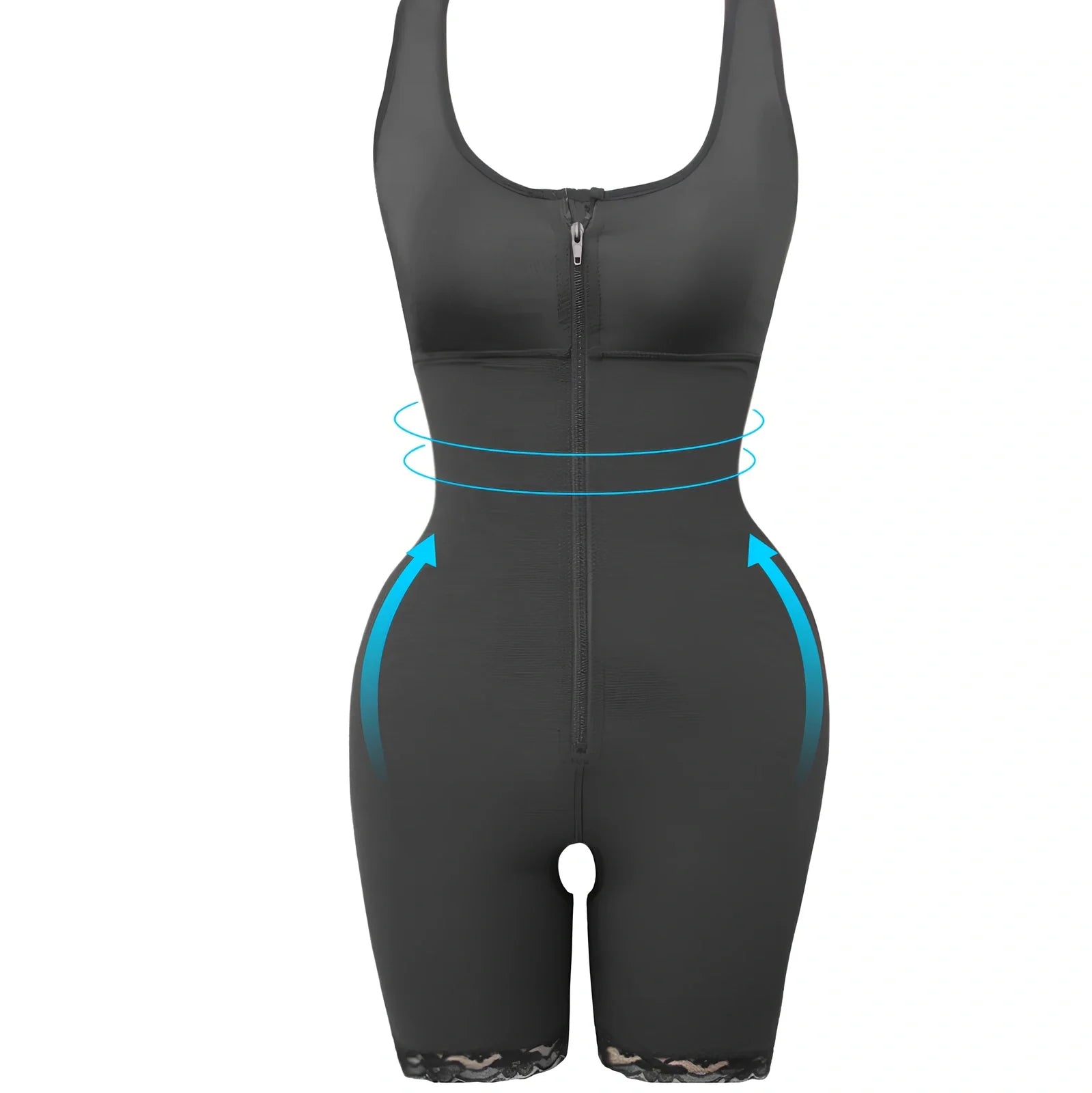 Women's black polyester zipper slimming bodysuit shapewear, high-waist design for torso compression, sizes S-6XL