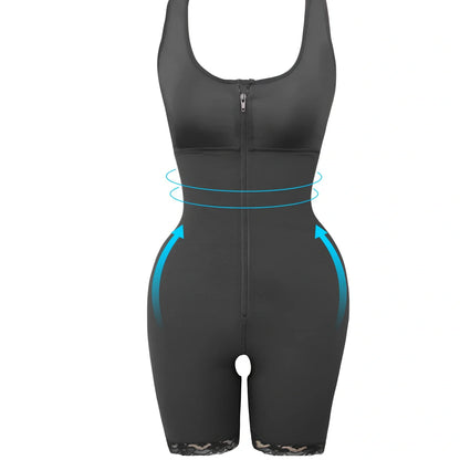 Women's black polyester zipper slimming bodysuit shapewear, high-waist design for torso compression, sizes S-6XL