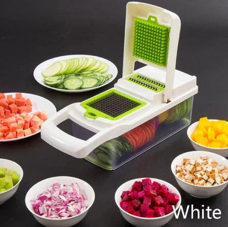 Versatile vegetable slicer with interchangeable blades for slicing, dicing, and shredding a variety of fruits and vegetables