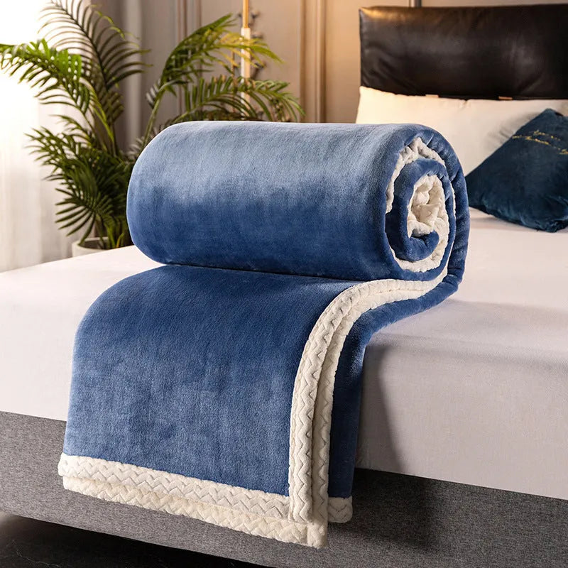 Double fleece blanket in modern plain style with 530gsm coral fleece texture, available in multiple colours and sizes