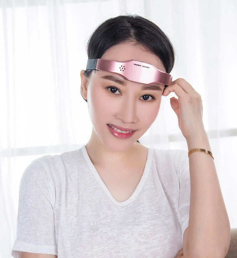 Wireless Head Massager Helmet in black and pink for stress relief and sleep therapy