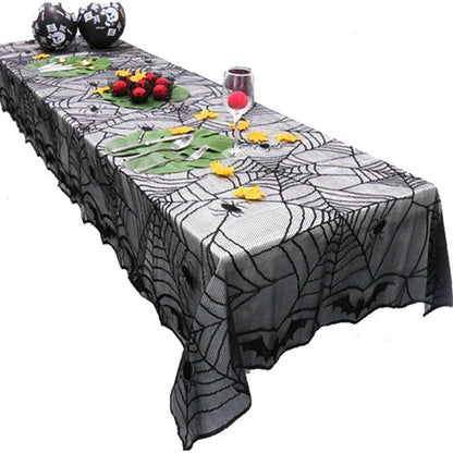 Black lace Halloween tablecloth with spider web design, perfect for Kiwi Halloween and year-round use