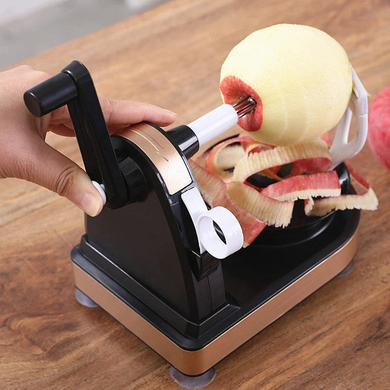 Hand Crank Peeler in black and gold, efficient for peeling fruits and vegetables