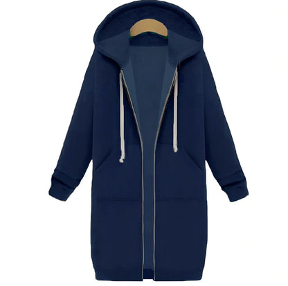 Women's hooded long-sleeved zipper jacket in army green, full length 106cm, 650g broadcloth for winter wear sizes S-5XL