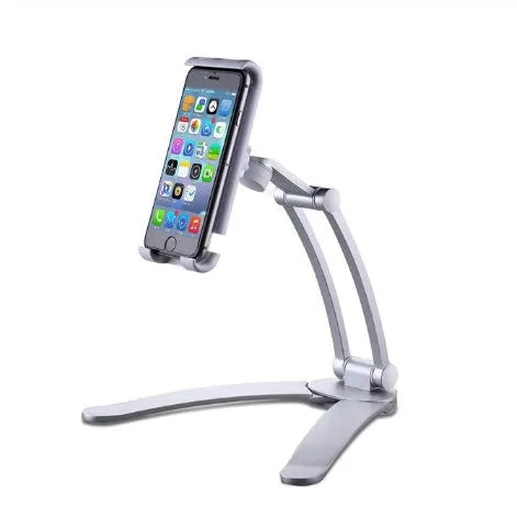 Silver aluminium alloy desktop tablet stand holding a tablet at an adjustable angle