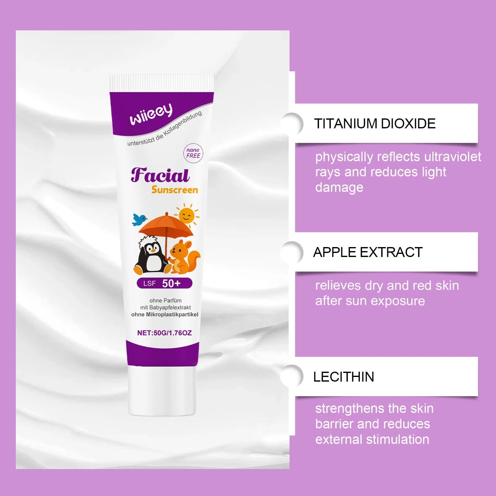 50g summer sunscreen cream tube with apple extract and titanium dioxide for outdoor UV protection
