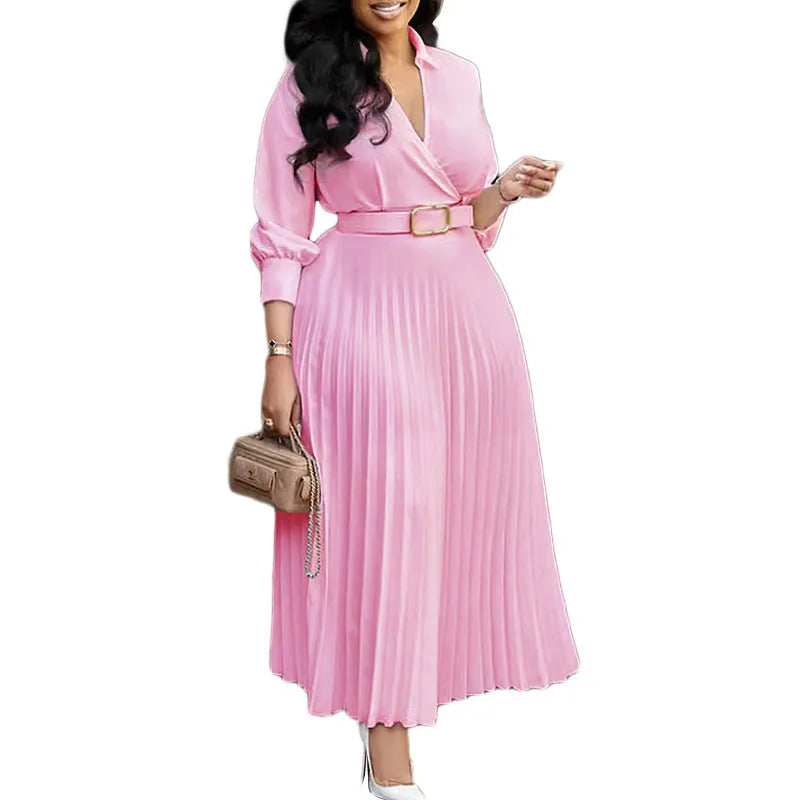 Women's polo collar pleated swing dress in midi length with high waist and 3/4 sleeves