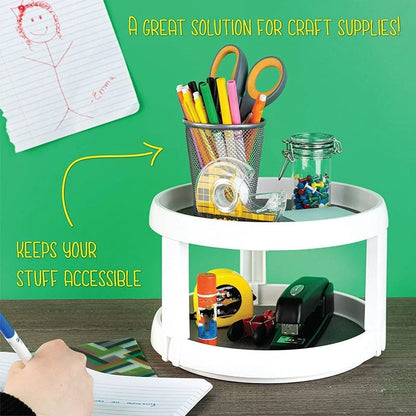 Two-tier rotary storage turntable in grey and white for kitchen and bathroom organisation