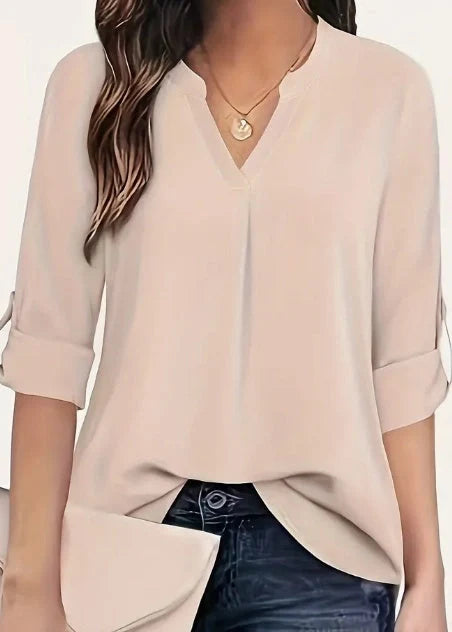 Women's V-neck blouse in 100% polyester, available in burgundy, apricot, and black