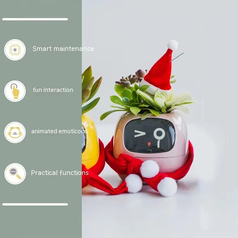 Smart planter in green with 7 sensors and AI chips showing water level on screen, compact 114x100x96mm size