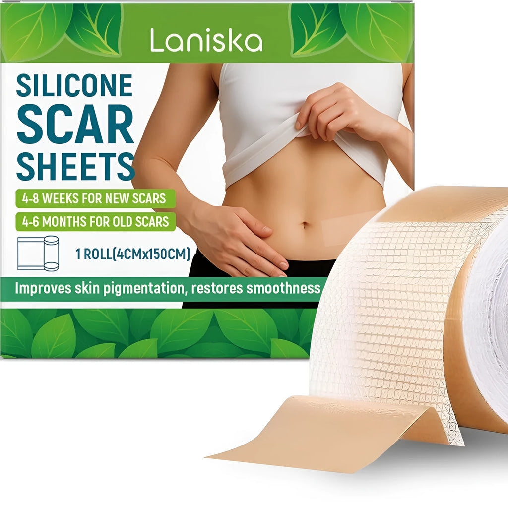 One roll of clear silicone scar sheet showing measurements of 4 cm wide by 150 cm long.