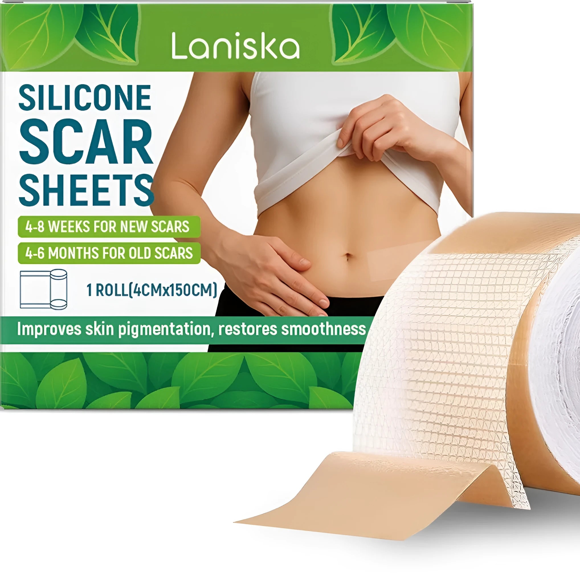 One roll of clear silicone scar sheet showing measurements of 4 cm wide by 150 cm long.