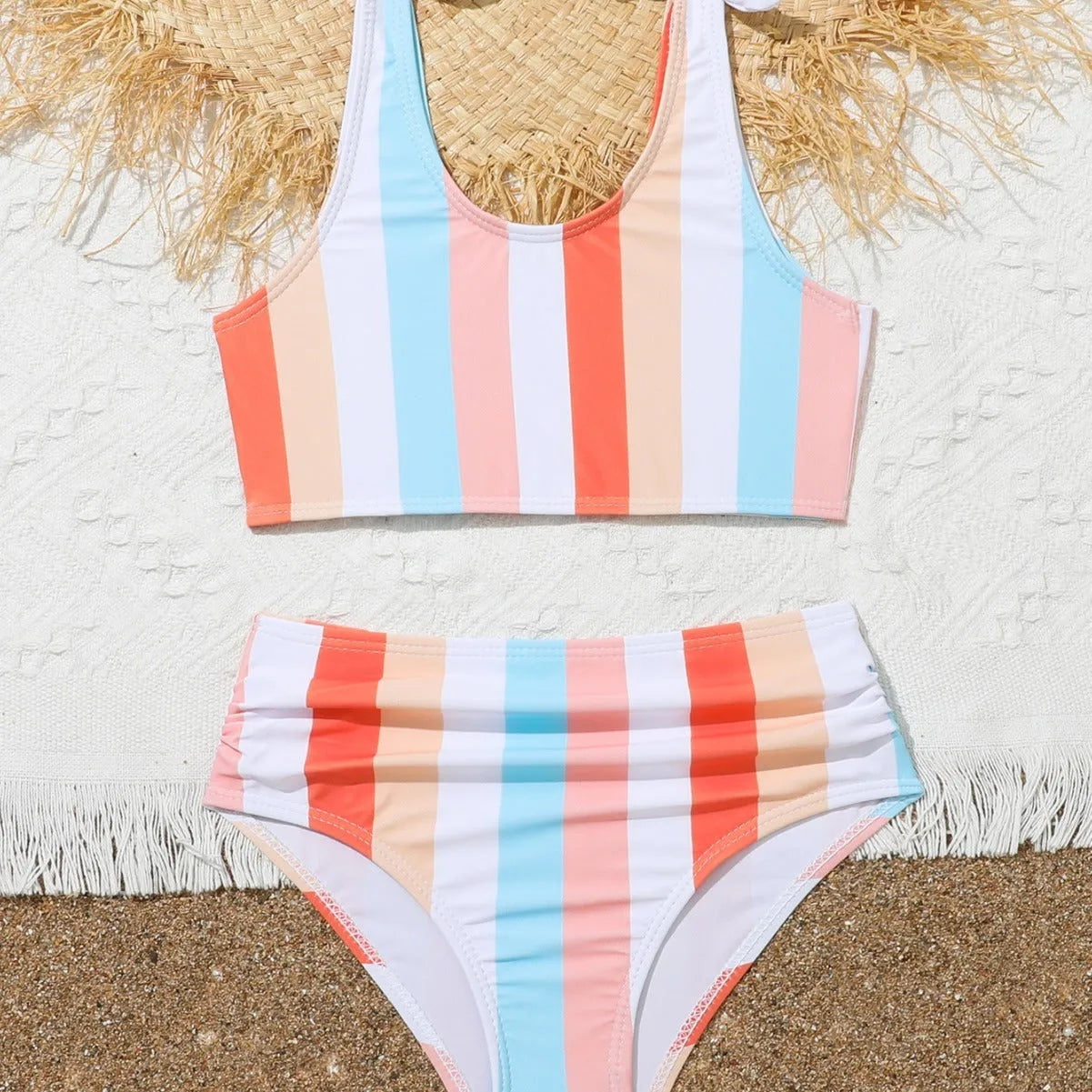 Girls' plaid pattern swimsuit briefs with matching bra for swimming