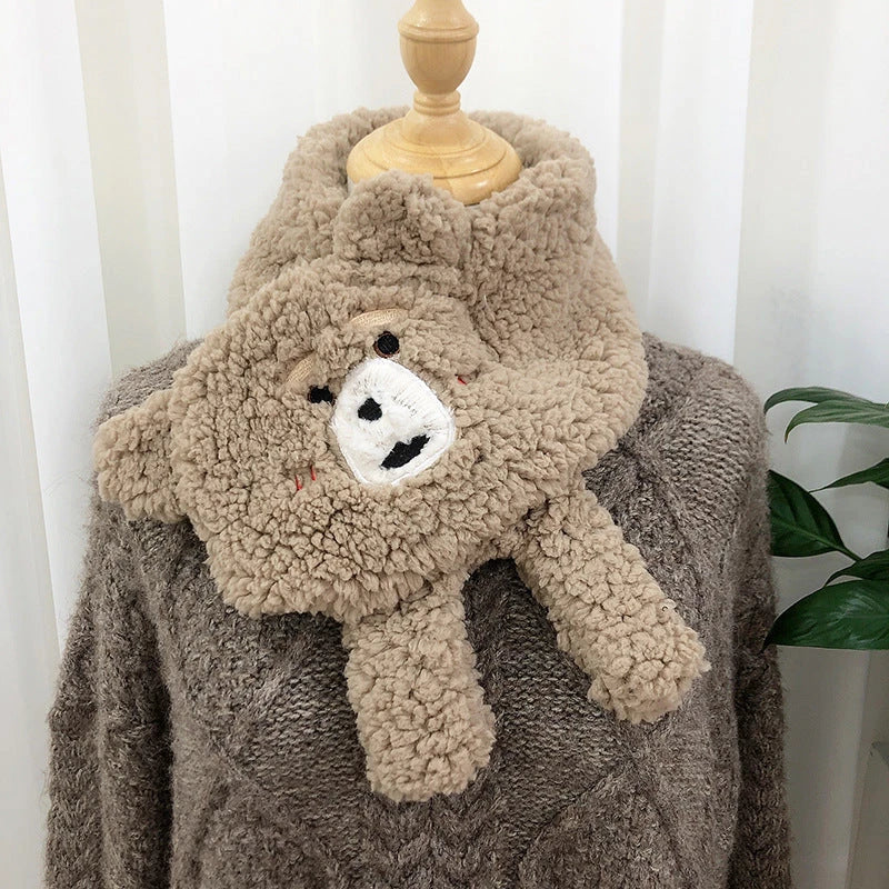 Women's winter bear plush scarf in lamb wool, available in white, apricot, khaki, and beige