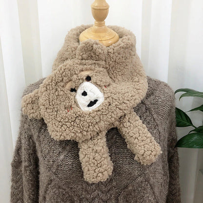 Women's winter bear plush scarf in lamb wool, available in white, apricot, khaki, and beige