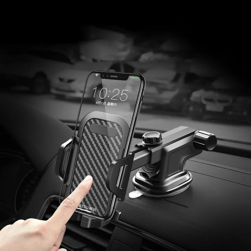 Black universal car phone holder for mobile phones between 4.0 and 7.0 inches wide.