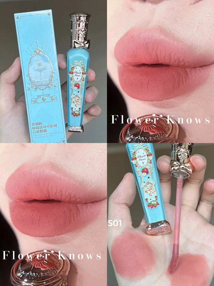 Flower Knows Strawberry Rococo Series Embossed Blush Velvet Matte Lip Glaze in vintage-inspired packaging