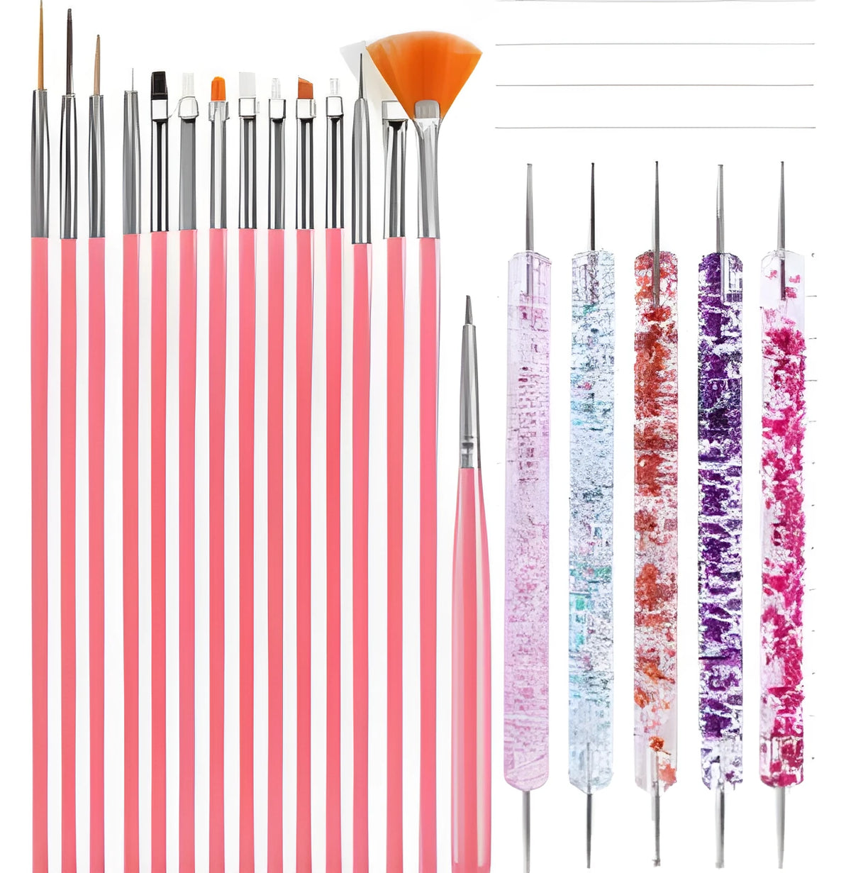 15 piece nail art brush line drawing set with plastic handles and gold dotting pens on white background
