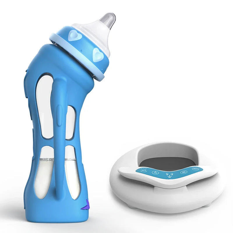 Glass baby bottle with temperature-sensitive silicone sleeve and USB milk warmer in sky blue