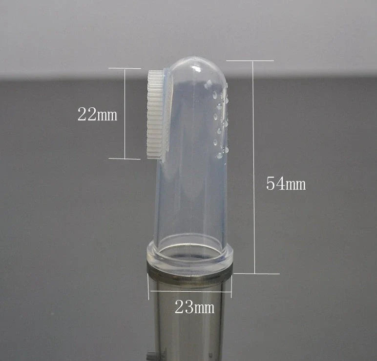 Silicone pet toothbrush set in white color, with finger-fit design for easy use and soft bristles for gentle cleaning of cats' and dogs' teeth.