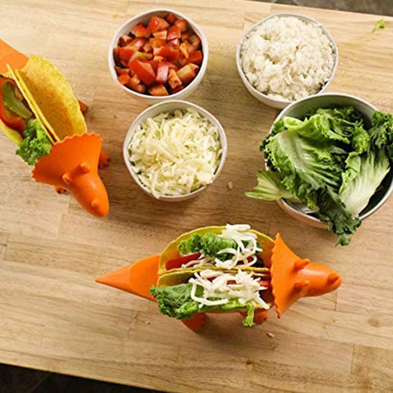 Dinosaur-shaped taco holder in army green, light green, or pink