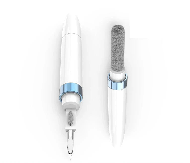 Portable cleaning pen with stainless steel nib, flocking sponge, and fine brush for cleaning earphones, keyboards, and other tech devices