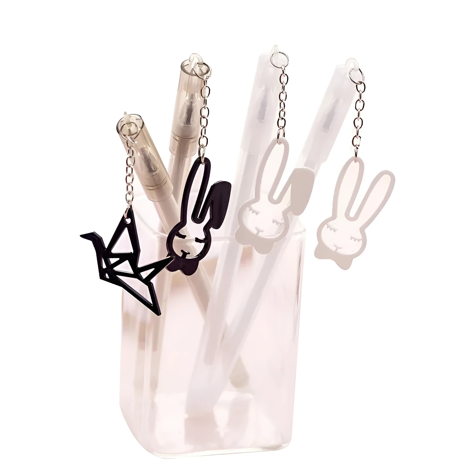 White and black gel pen with removable paper crane and rabbit pendant charms on a 17cm plastic body