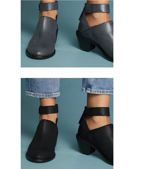 Women's black cut-out ankle boots with buckle strap, back zipper, 3-5cm heel in artificial PU, size 36 shown
