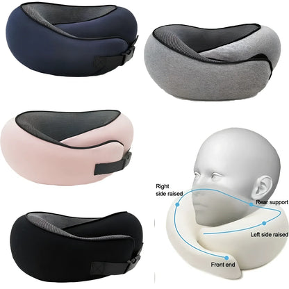 Dark gray adjustable U-shaped memory foam neck pillow with Velcro closure and storage bag, 30cm high for travel support