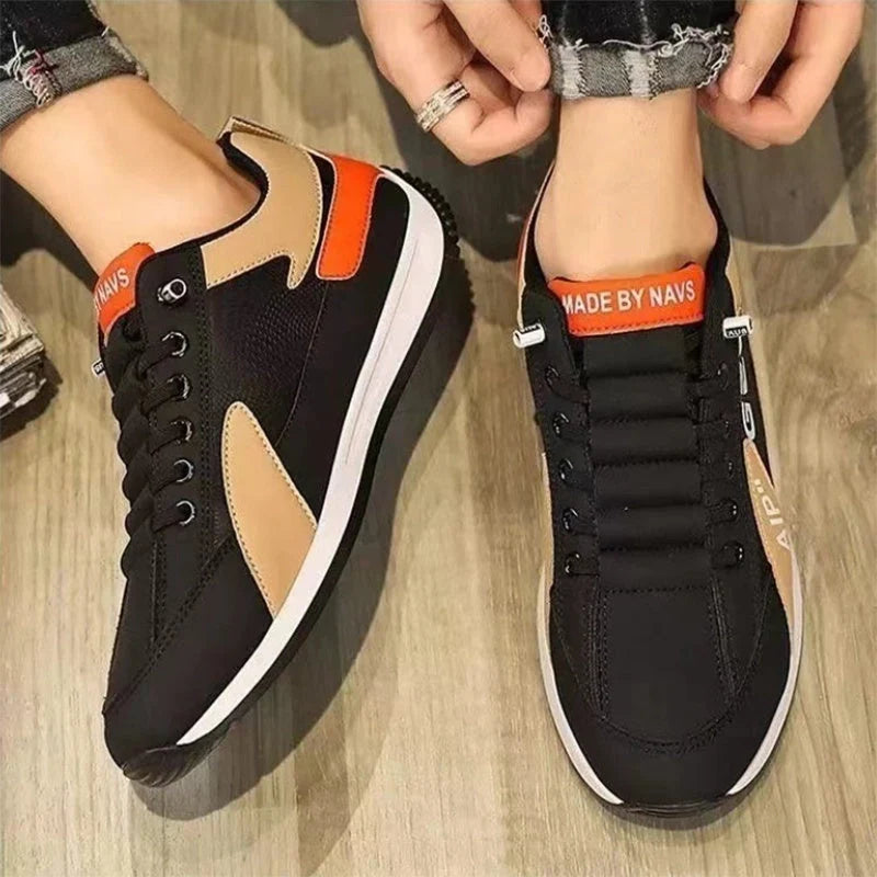 Men's sports flat shoes with mesh upper in black, white, gray, and khaki