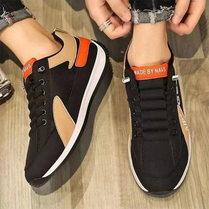 Men's sports flat shoes with mesh upper in black, white, gray, and khaki