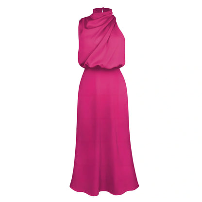 Sleeveless polyester dress in navy blue, 125.8cm length size L, bust 103cm for women's evening parties