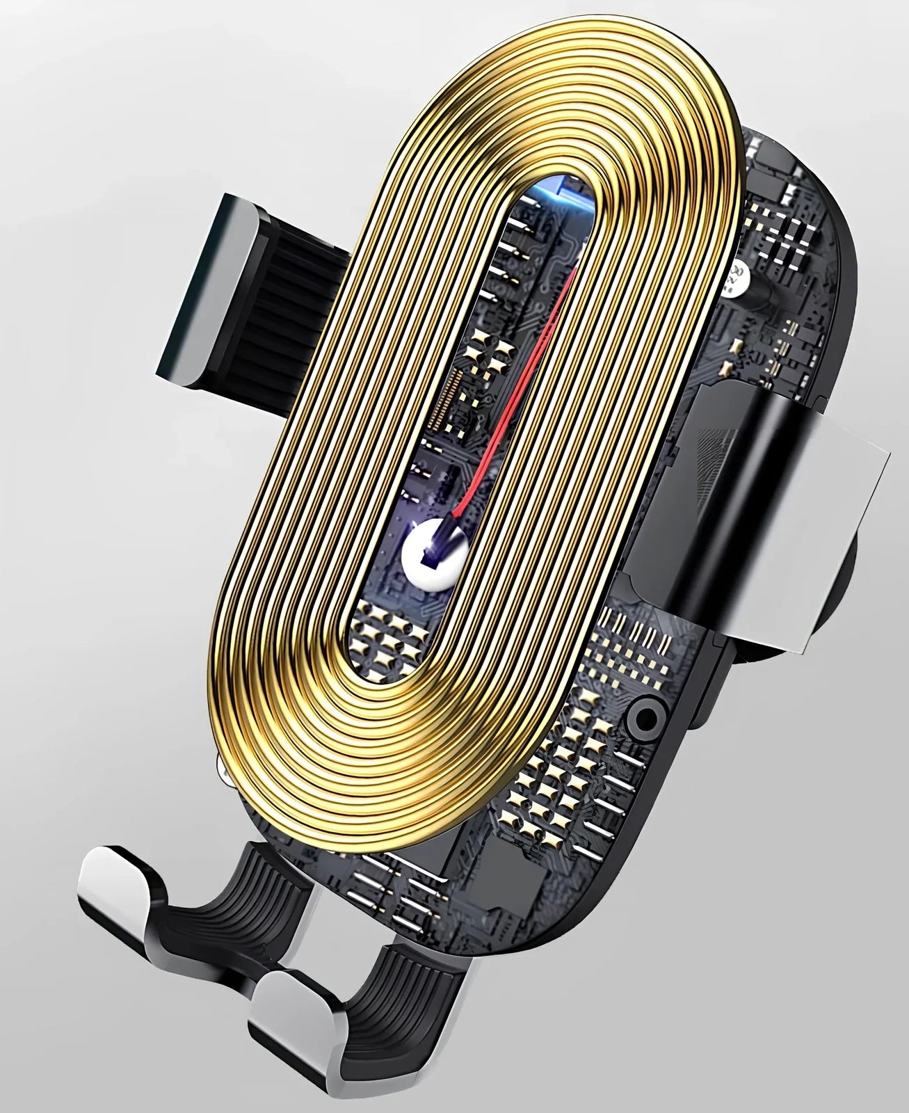 Black sucker car phone holder mounted on dashboard with phone clamped, showing suction base and USB cable, 12cm height