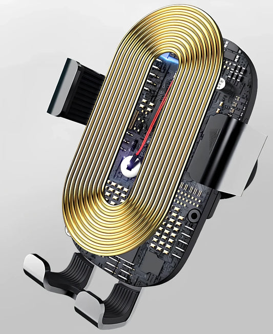 Black sucker car phone holder mounted on dashboard with phone clamped, showing suction base and USB cable, 12cm height