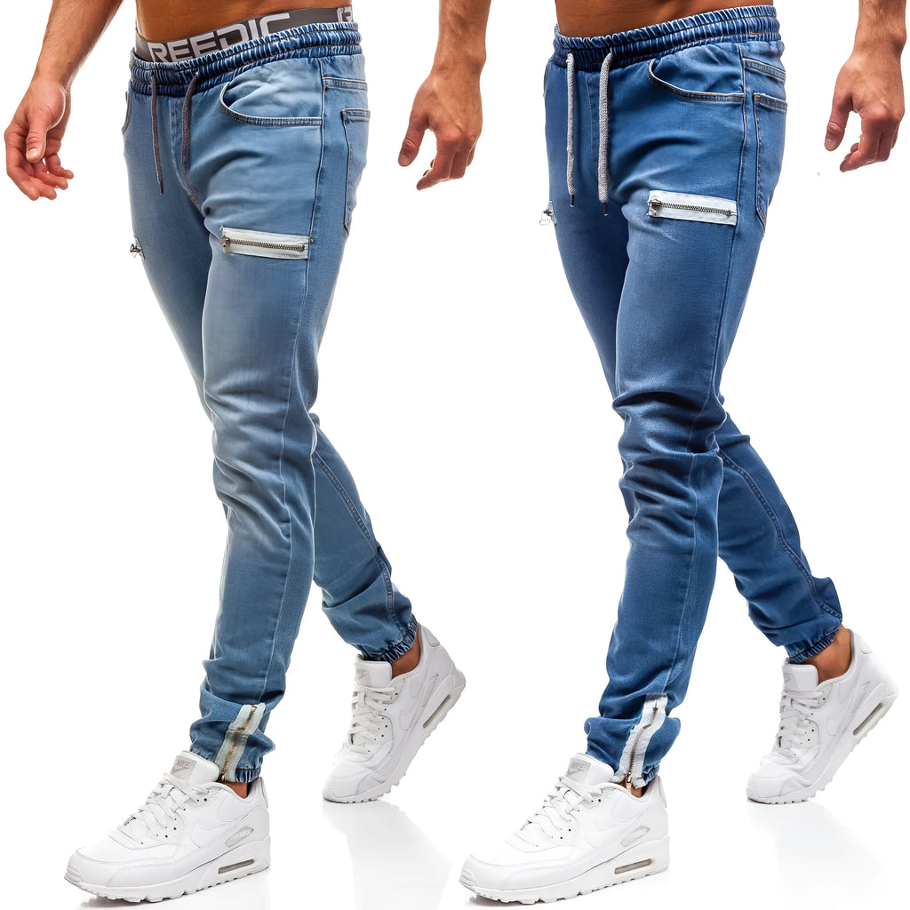 Men's denim sports jeans 65% cotton in dark blue, light blue, and black, sizes M to 4XL