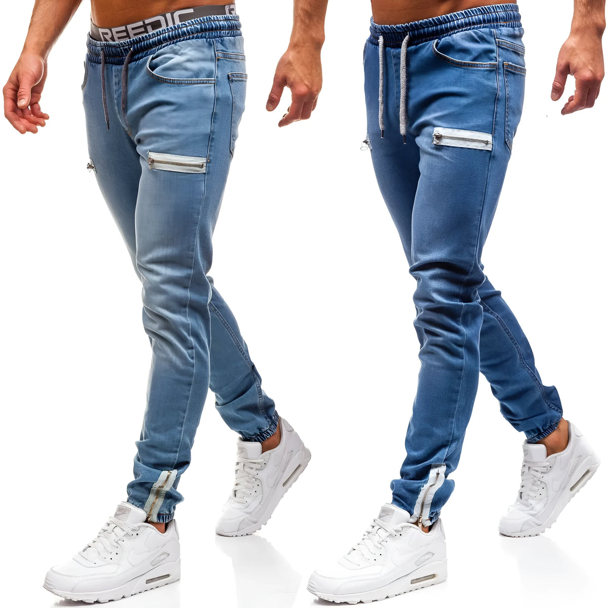 Men's denim sports jeans 65% cotton in dark blue, light blue, and black, sizes M to 4XL