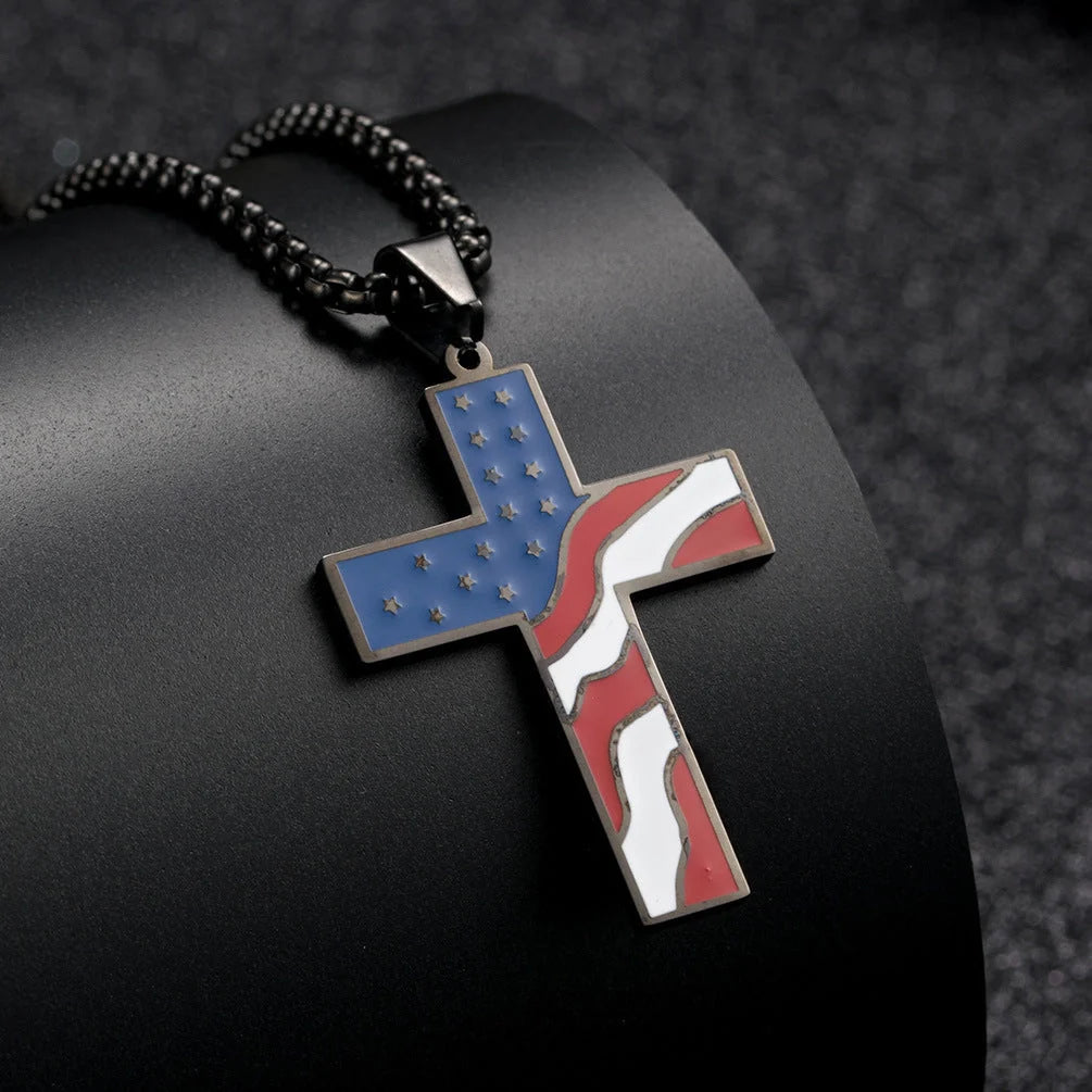 Men's stainless steel flag cross necklace in Black, Gold, and Silver options