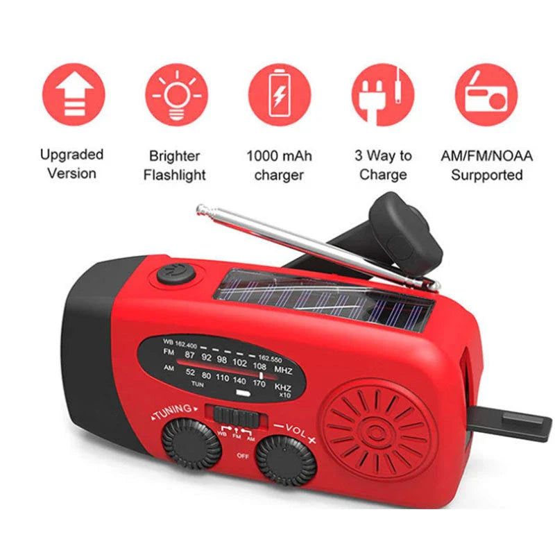 Versatile solar and hand-crank powered radio, flashlight, and USB charger with rugged ABS construction and dual charging capabilities