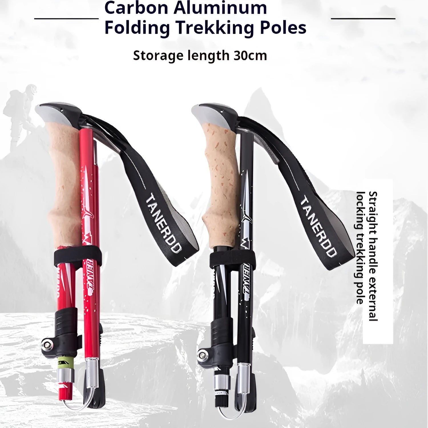 Retractable carbon fibre hiking pole on a rocky trail, set to medium height