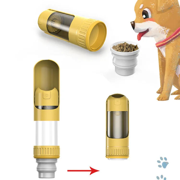 Dark blue portable dog water bottle with integrated drinking bowl and leak-proof cap.