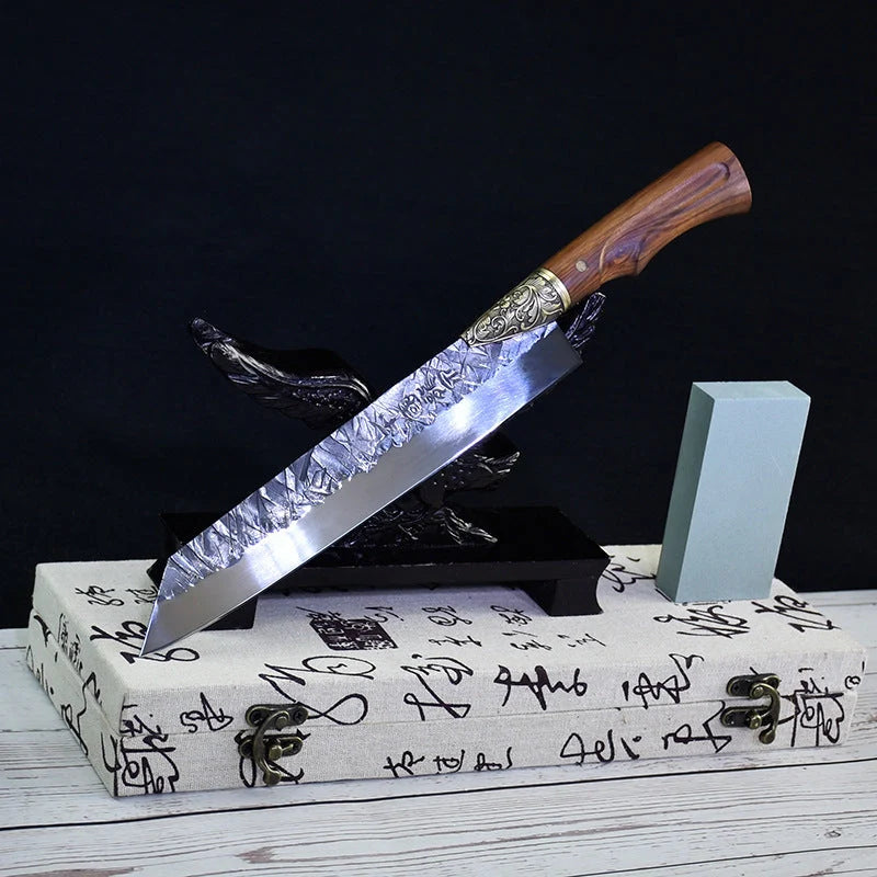 Hand-forged slicing knife with rosewood handle and leather case