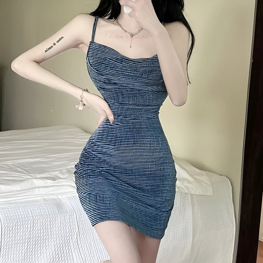 Blue strap backless skinny sheath dress with high waist and sleeveless polyester design